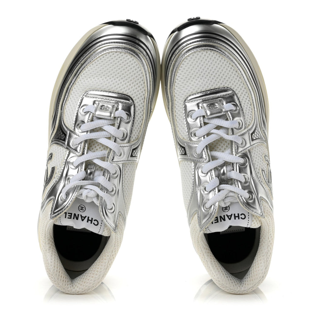 Fabric Laminated Calfskin Stretch CC Sneakers 37.5 White Silver