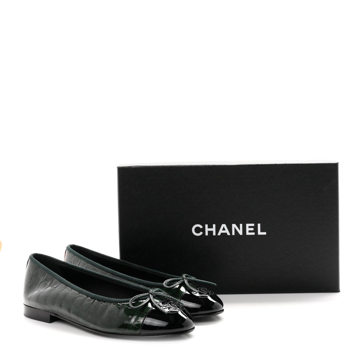 Patent Calfskin Crocodile Embossed Ballerina Flats 36.5 Dark Green Black