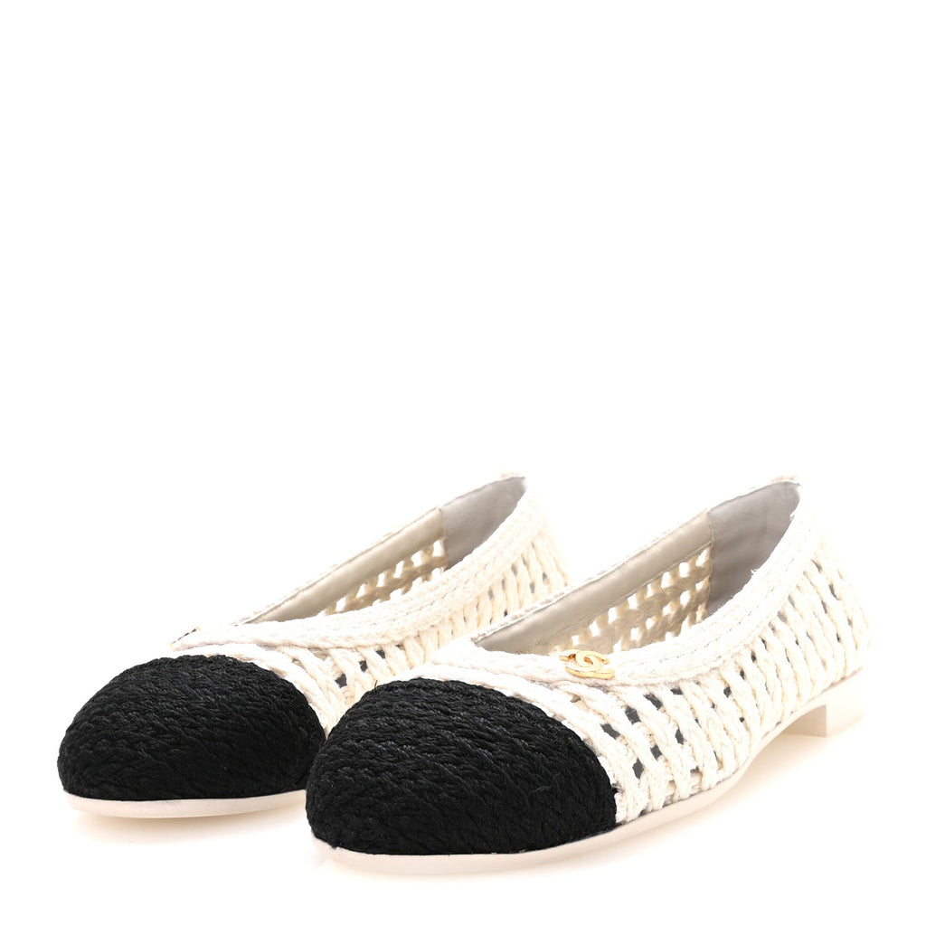 Mesh Crochet Cap Toe Ballerina Flats 39.5 White Black