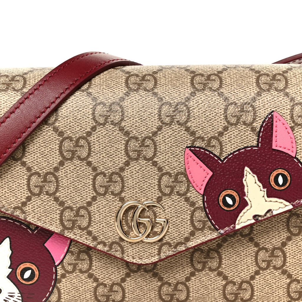 GG Supreme Monogram Cat Print Mini Shoulder Bag Beige Ebony Rosso Ancora