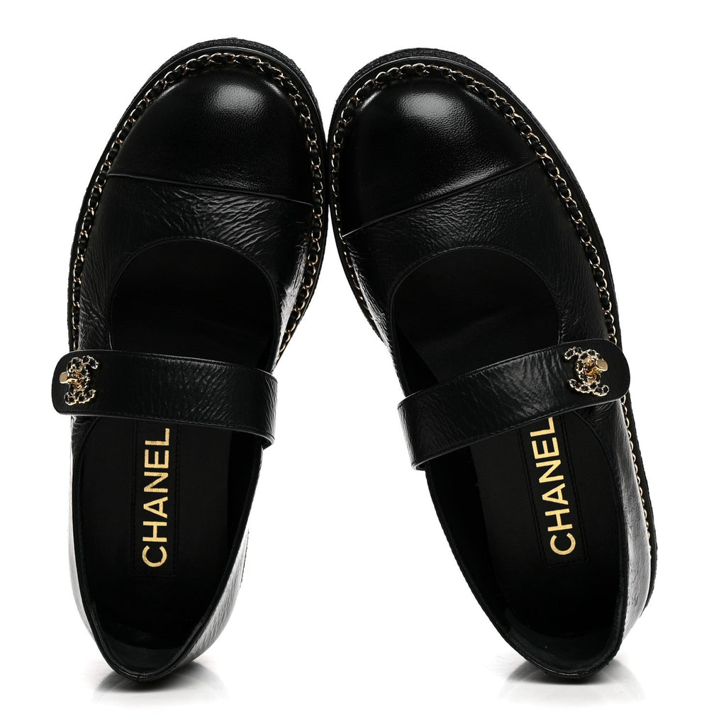 Crumpled Lambskin Cap Toe Chain CC Turnlock Mary Jane Flats 35 Black