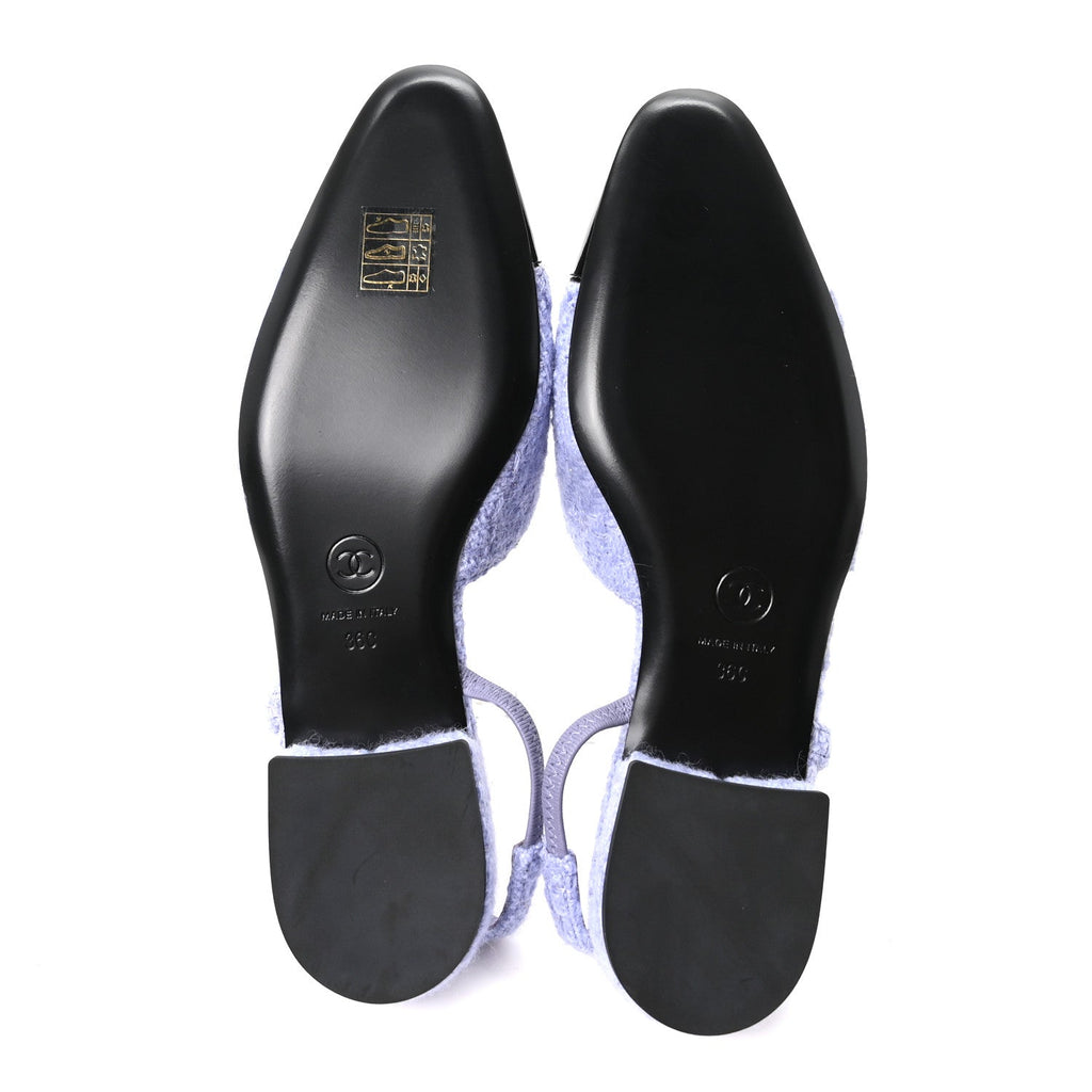 Iridescent Wool Tweed Patent Cap Toe CC Slingback Flats 36 Light Purple Silver Black