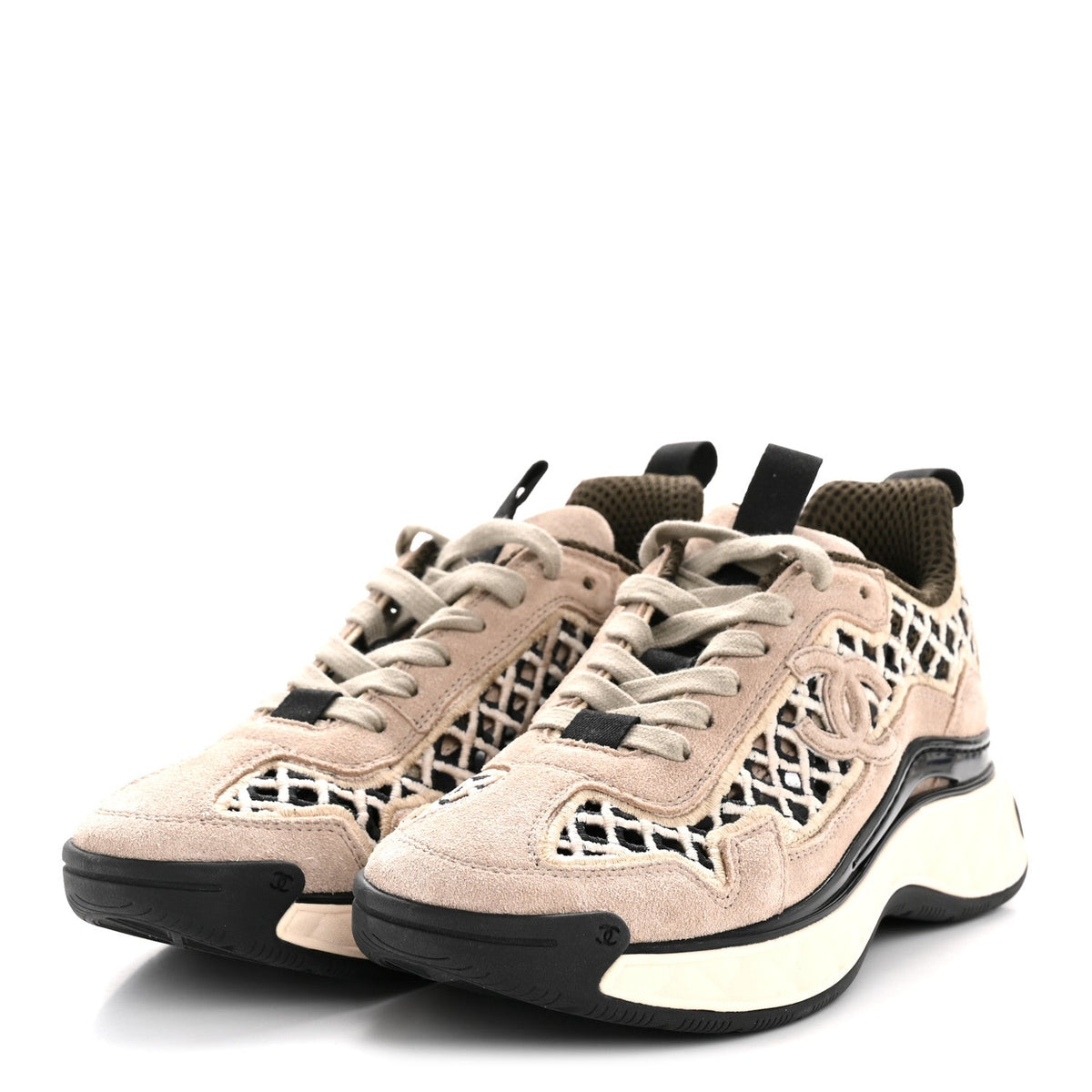 Suede Calfskin Embroidered CC Sneakers 35.5 Beige Black