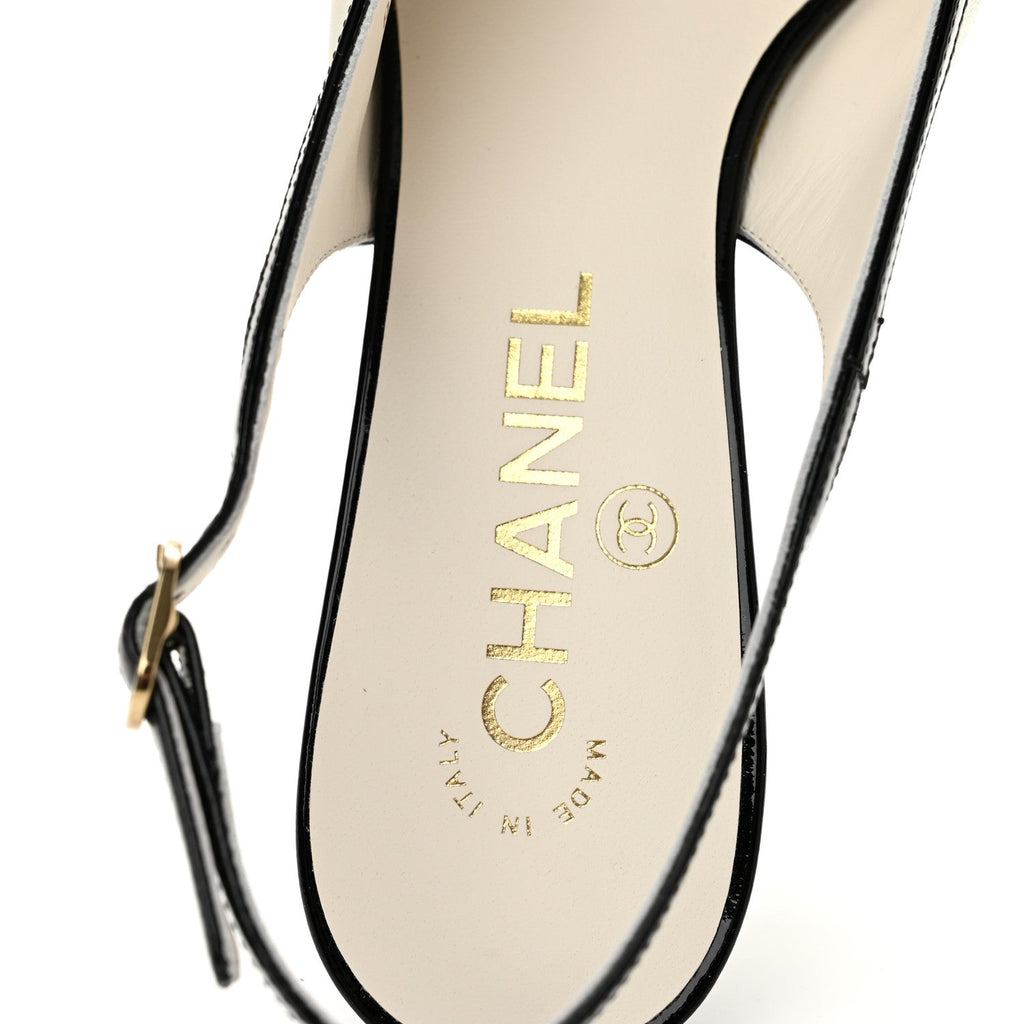 Lambskin Patent Calfskin Cap Toe CC Slingback Pumps 38.5 White Black