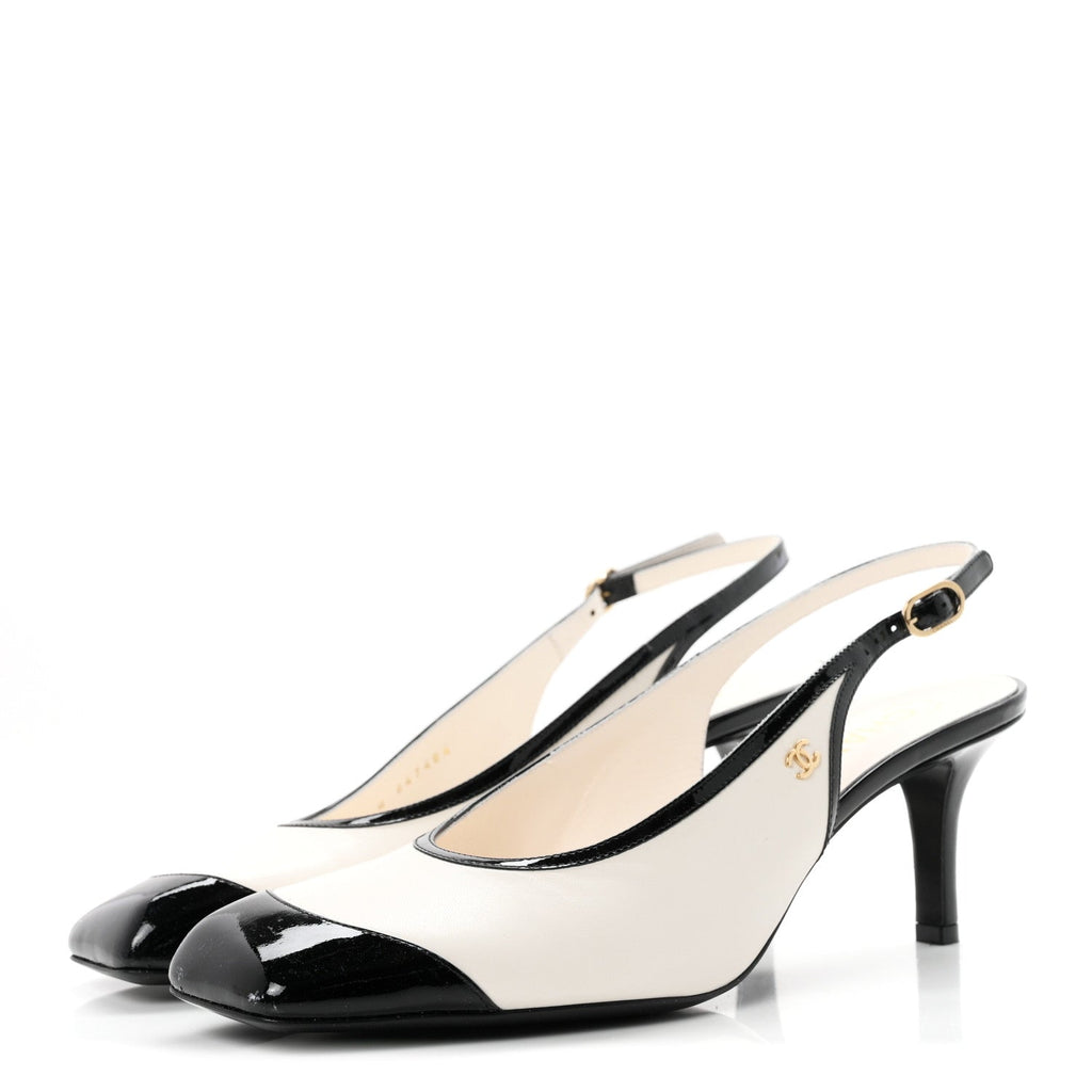 Lambskin Patent Calfskin Cap Toe CC Slingback Pumps 40 White Black