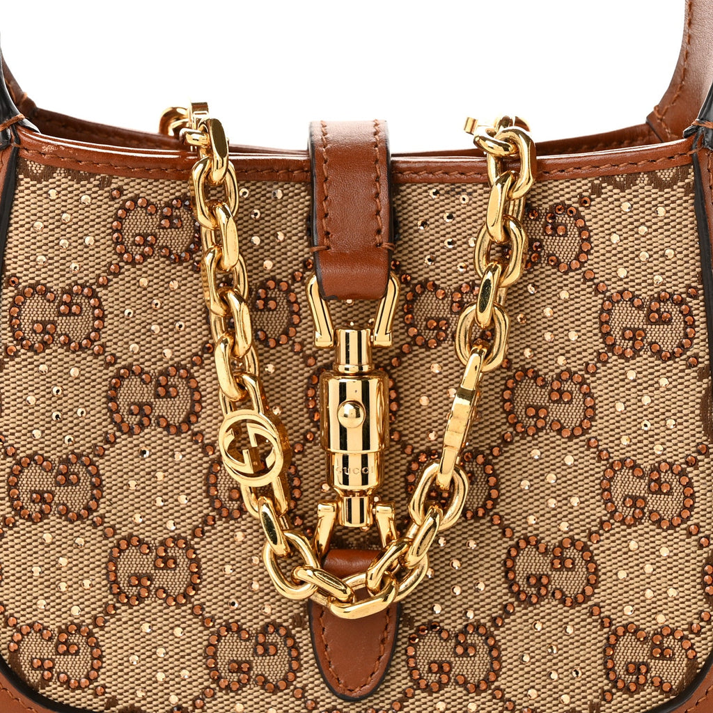 New Canvas Charisma Calfskin Crystal GG Monogram Mini Jackie 1961 Hobo Camel Ebony