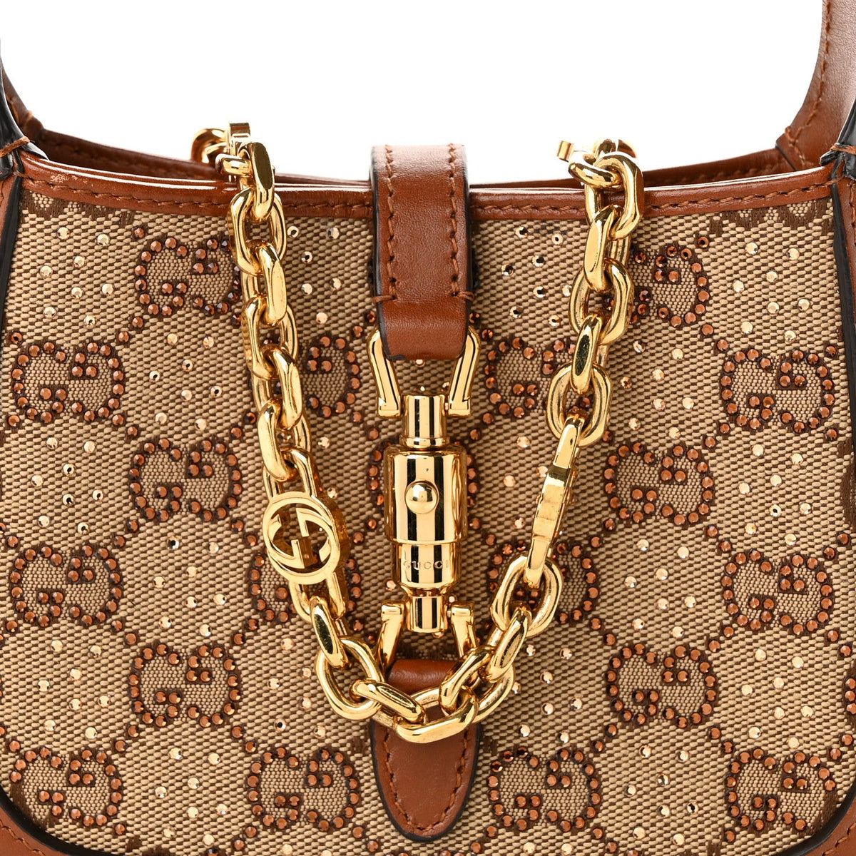 New Canvas Charisma Calfskin Crystal GG Monogram Mini Jackie 1961 Hobo Camel Ebony