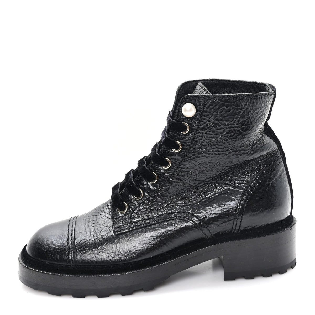 Shiny Calfskin Velvet Pearl Combat Short Boots 37.5 Black