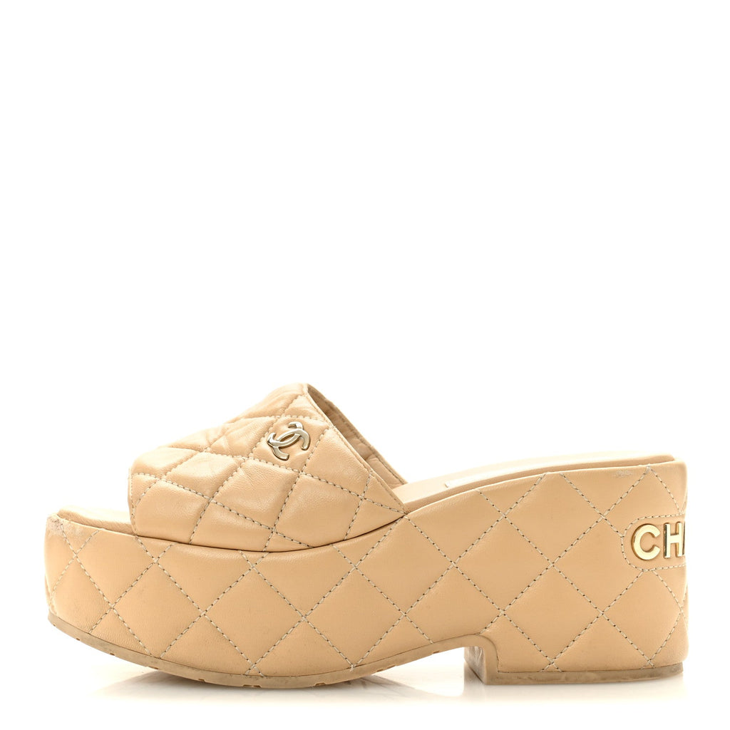 Lambskin Quilted CC Mules Wedge Sandals 36 Beige