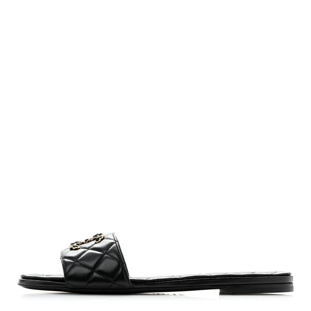 Shiny Goatskin Quilted CC Mules Sandals 39.5 Black
