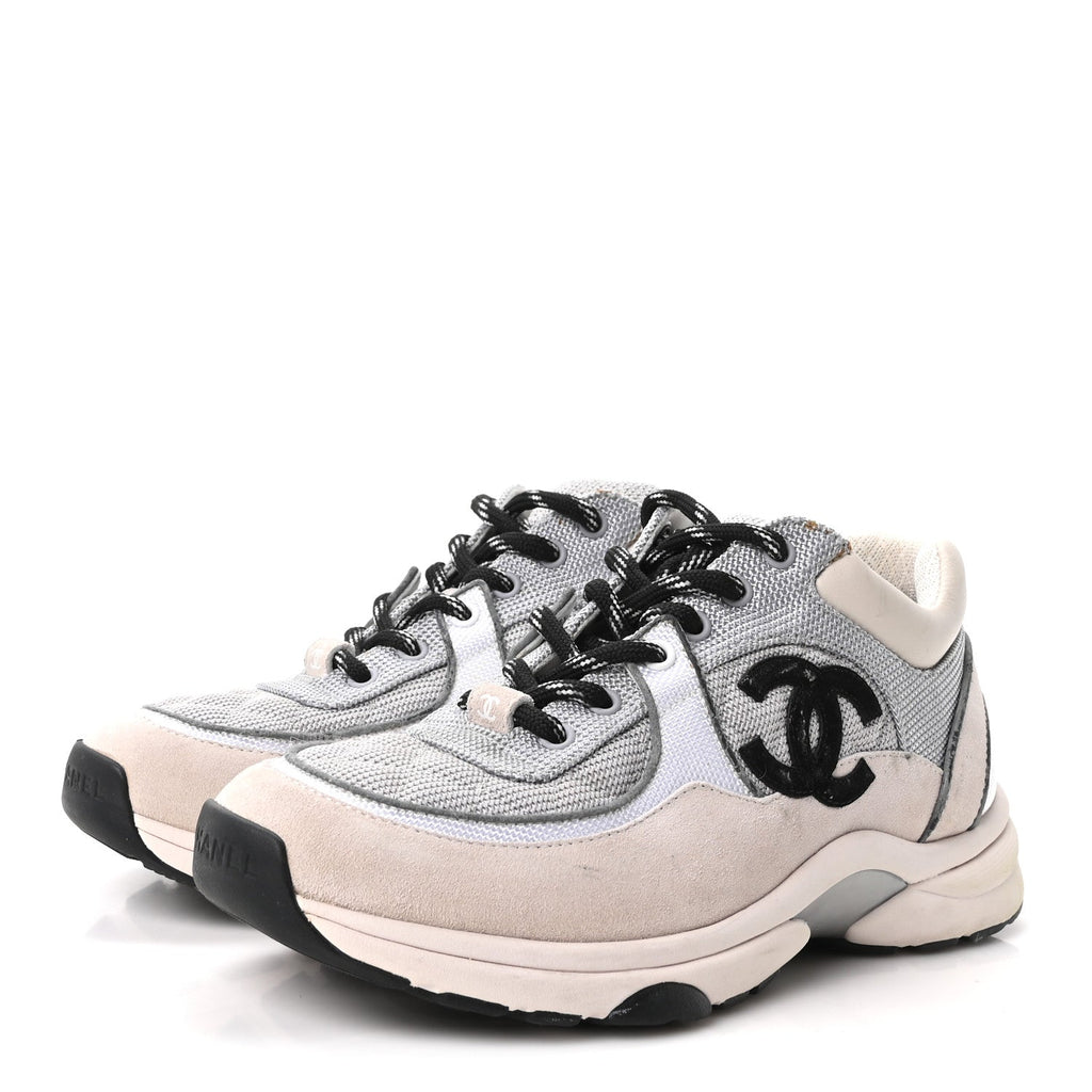 Mesh Suede Calfskin Grained Calfskin Womens CC Sneakers 37.5 Grey White