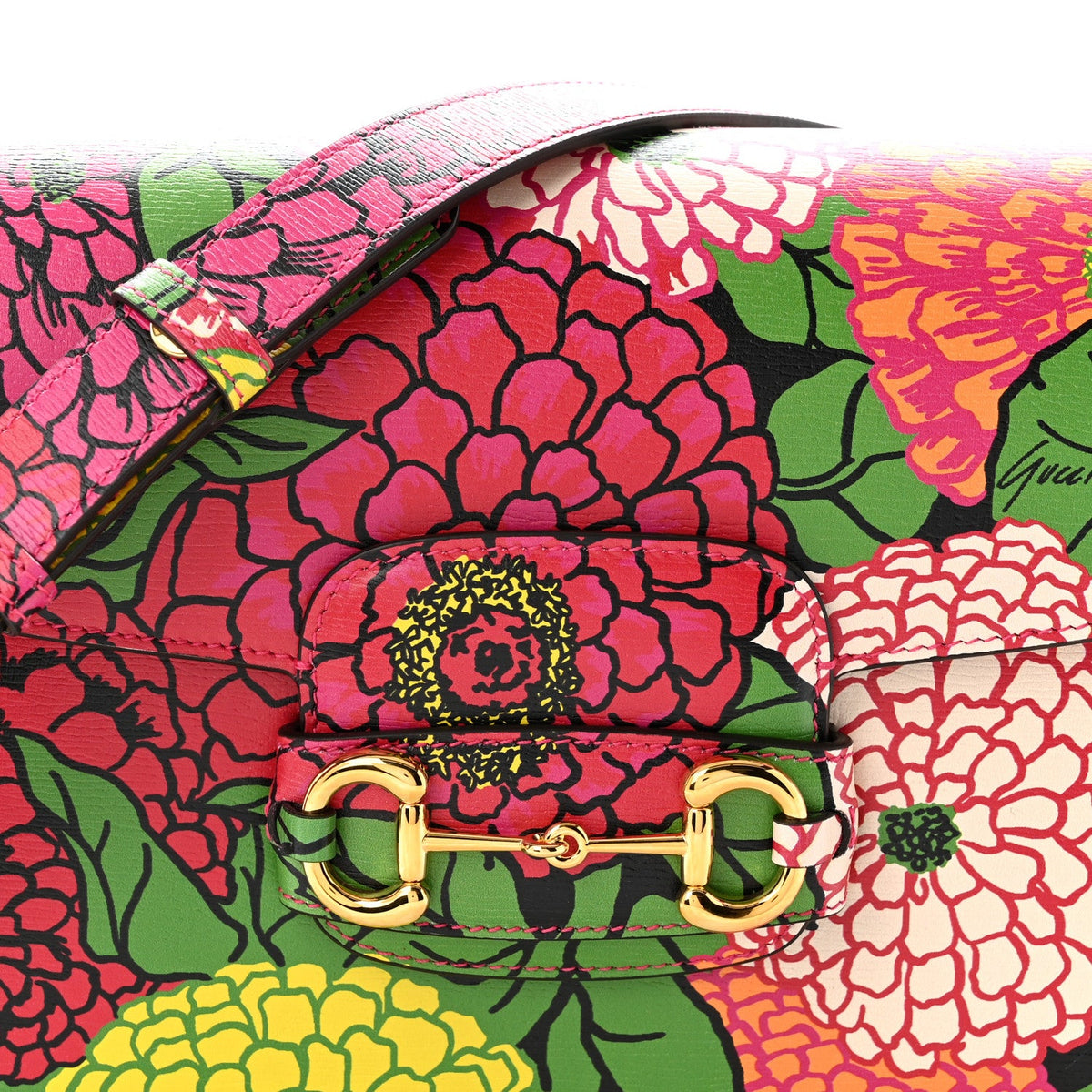 X KEN SCOTT New Shangai Calfskin Pomponica Print Horsebit 1955 Shoulder Bag  Multicolor Fuxia Pompon
