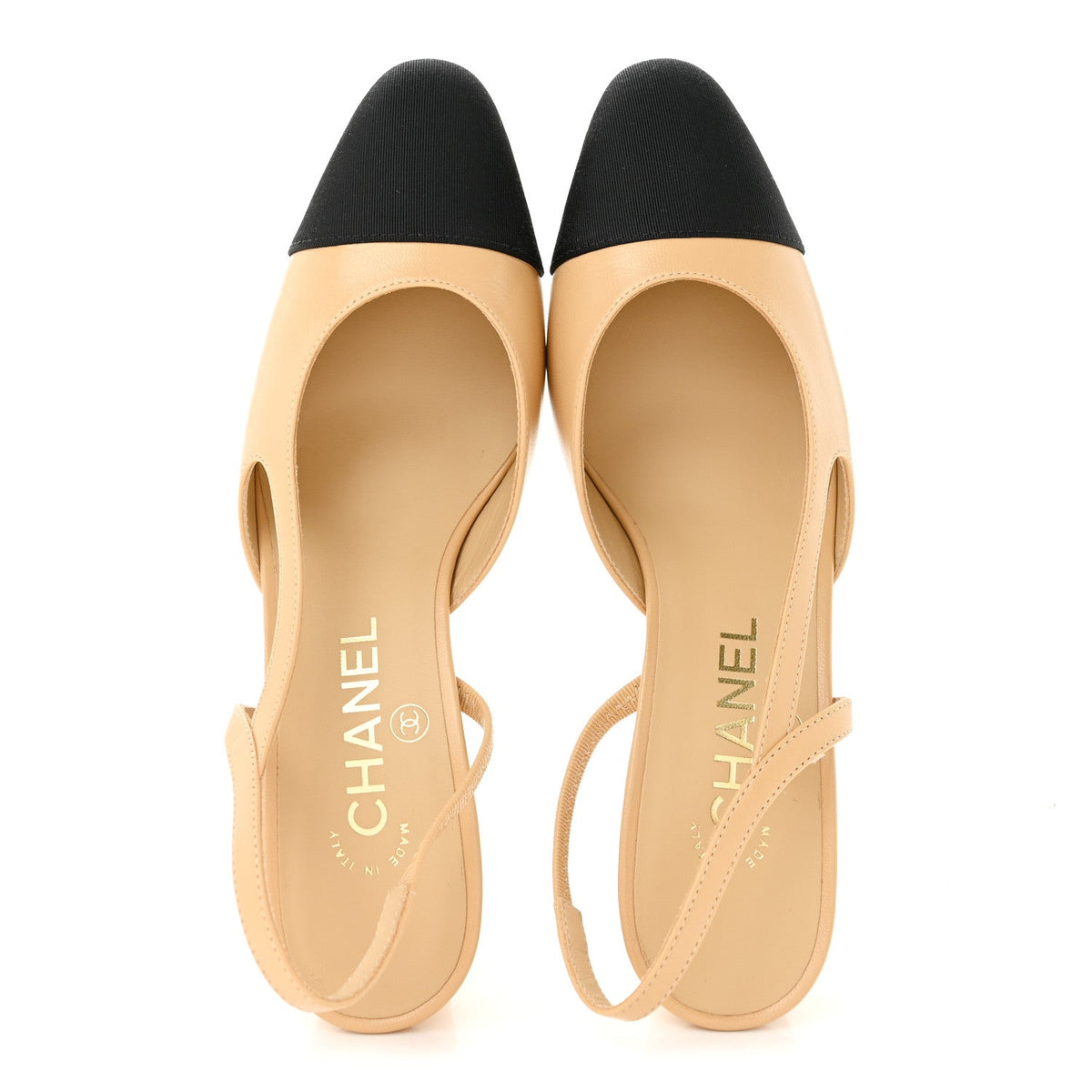 Goatskin Grosgrain Cap Toe CC Slingback Pumps 37 Beige Black