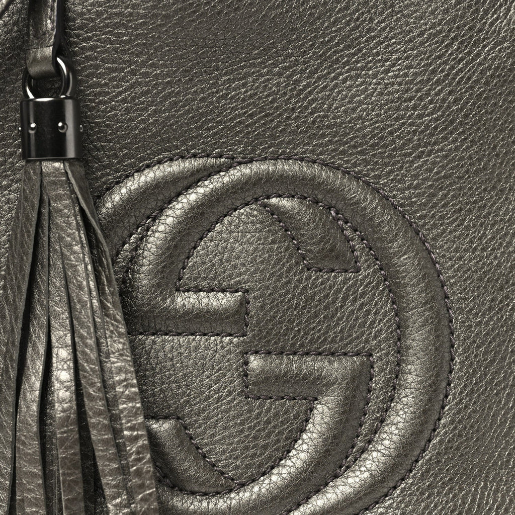 Metallic Pebbled Calfskin Small Soho Shoulder Bag Golden Beige