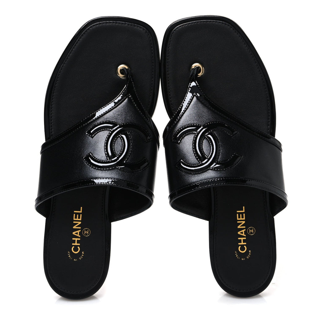 Lambskin Patent Calfskin CC Thong Sandals  37 Black