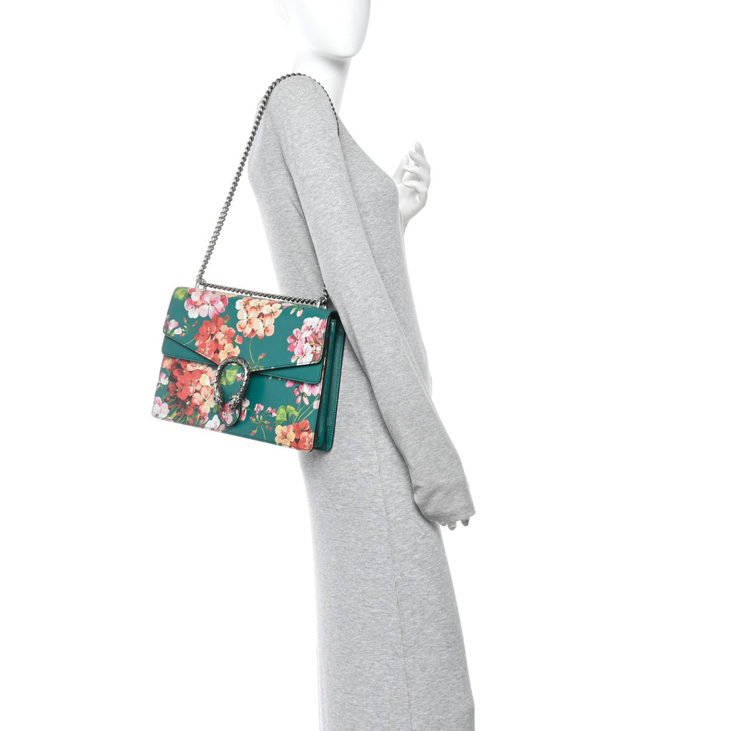 Calfskin Blooms Print Medium Dionysus Shoulder Bag Bright Emerald Multicolor