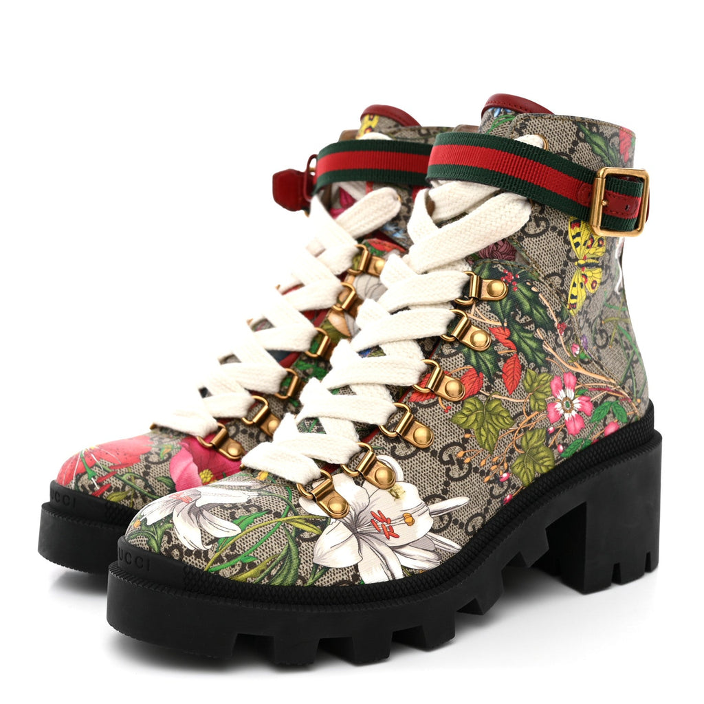 GG Supreme Monogram Flora Lace Up Combat Ankle Boots 36 Beige Multicolor Red