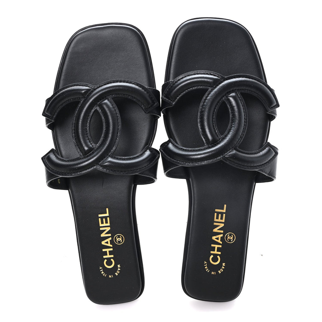 Lambskin CC Cut Out Mules Sandals 39 Black