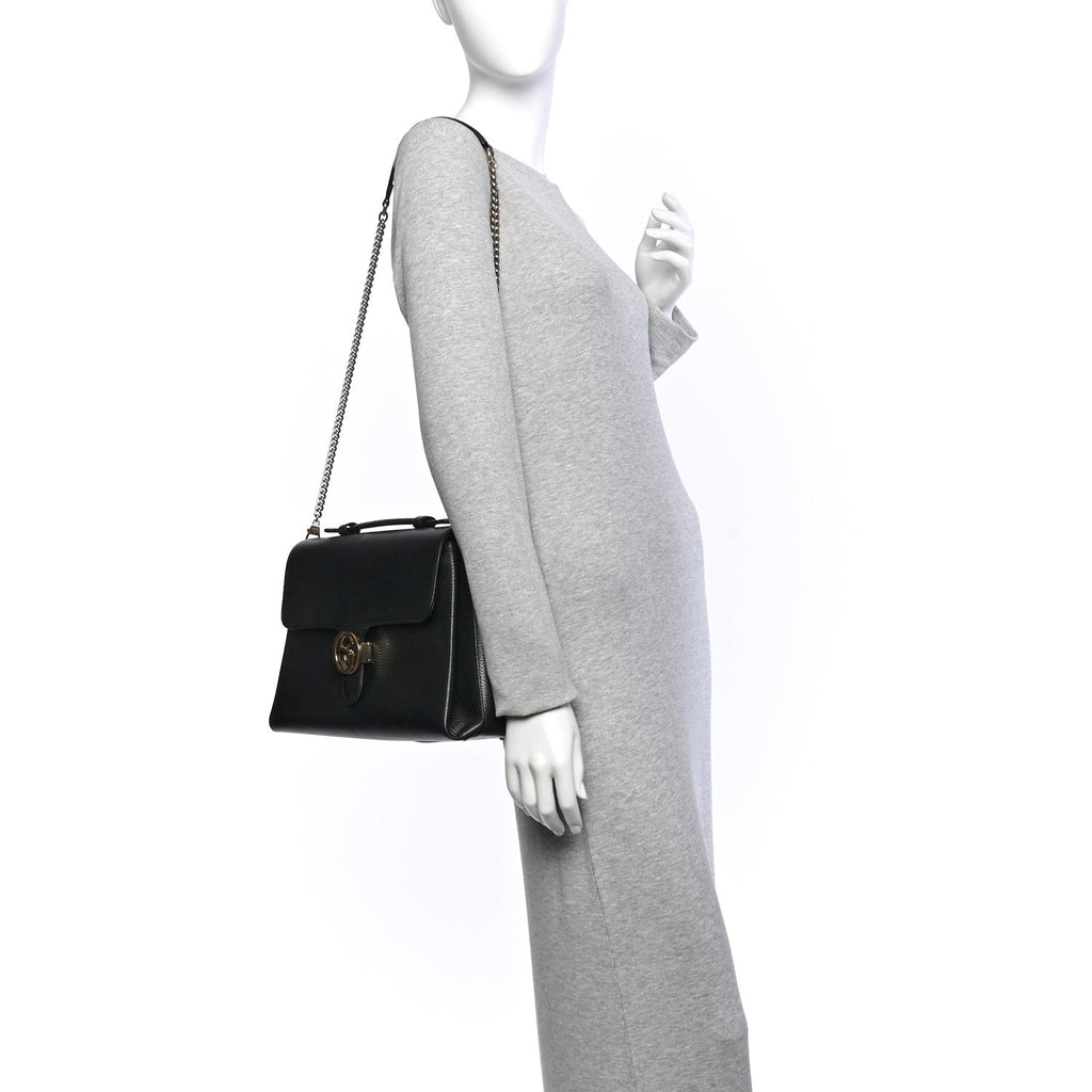 Dollar Calfskin Medium Interlocking G Top Handle Shoulder Bag Black