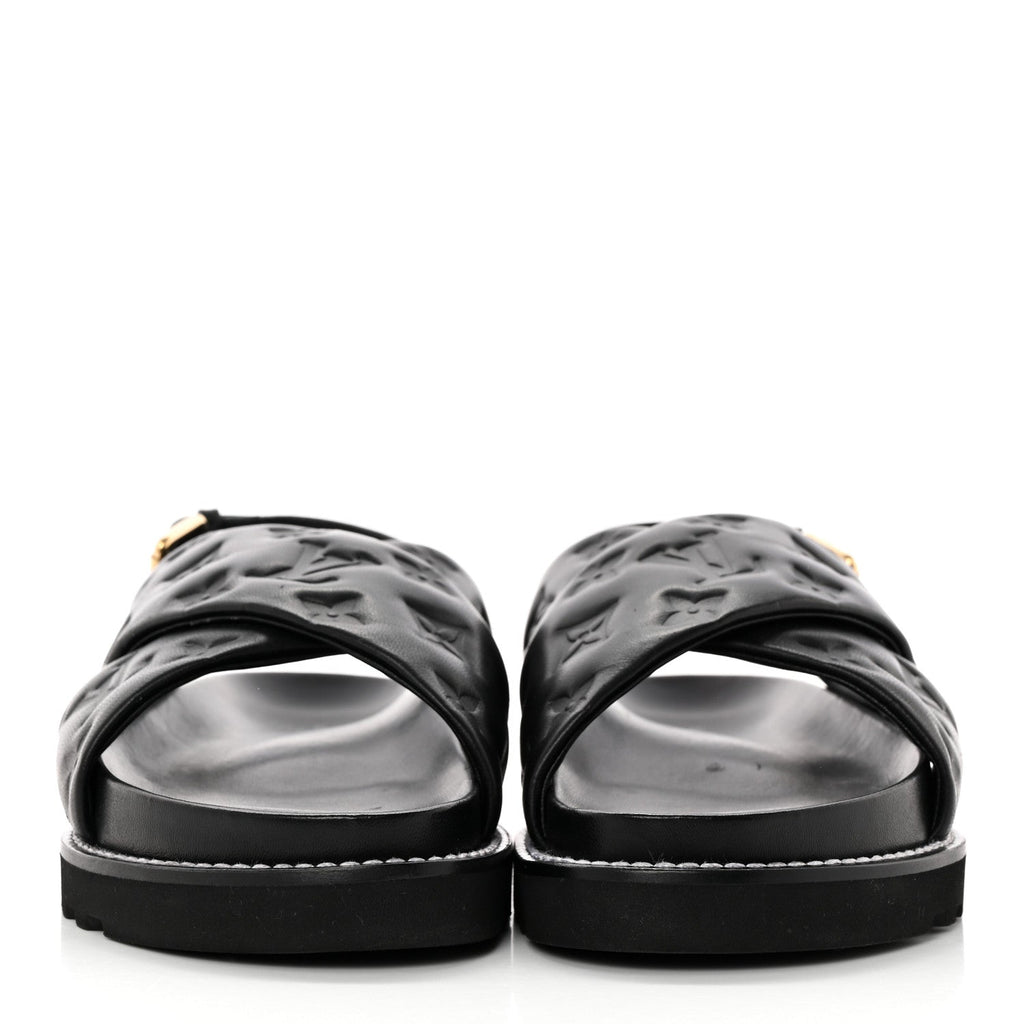 Lambskin Monogram Embossed Paseo Flat Comfort Sandals 39 Black