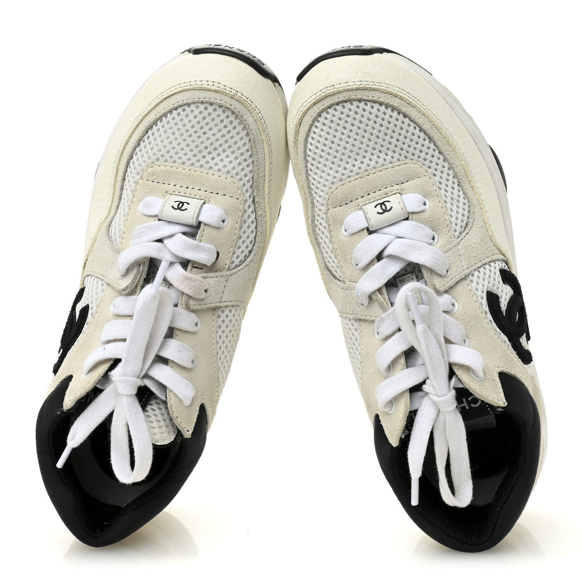 Mesh Suede Grained Calfskin Womens CC Sneakers 37 White Black