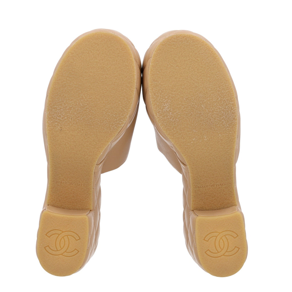 Lambskin Quilted CC Platform Mules 37.5 Beige