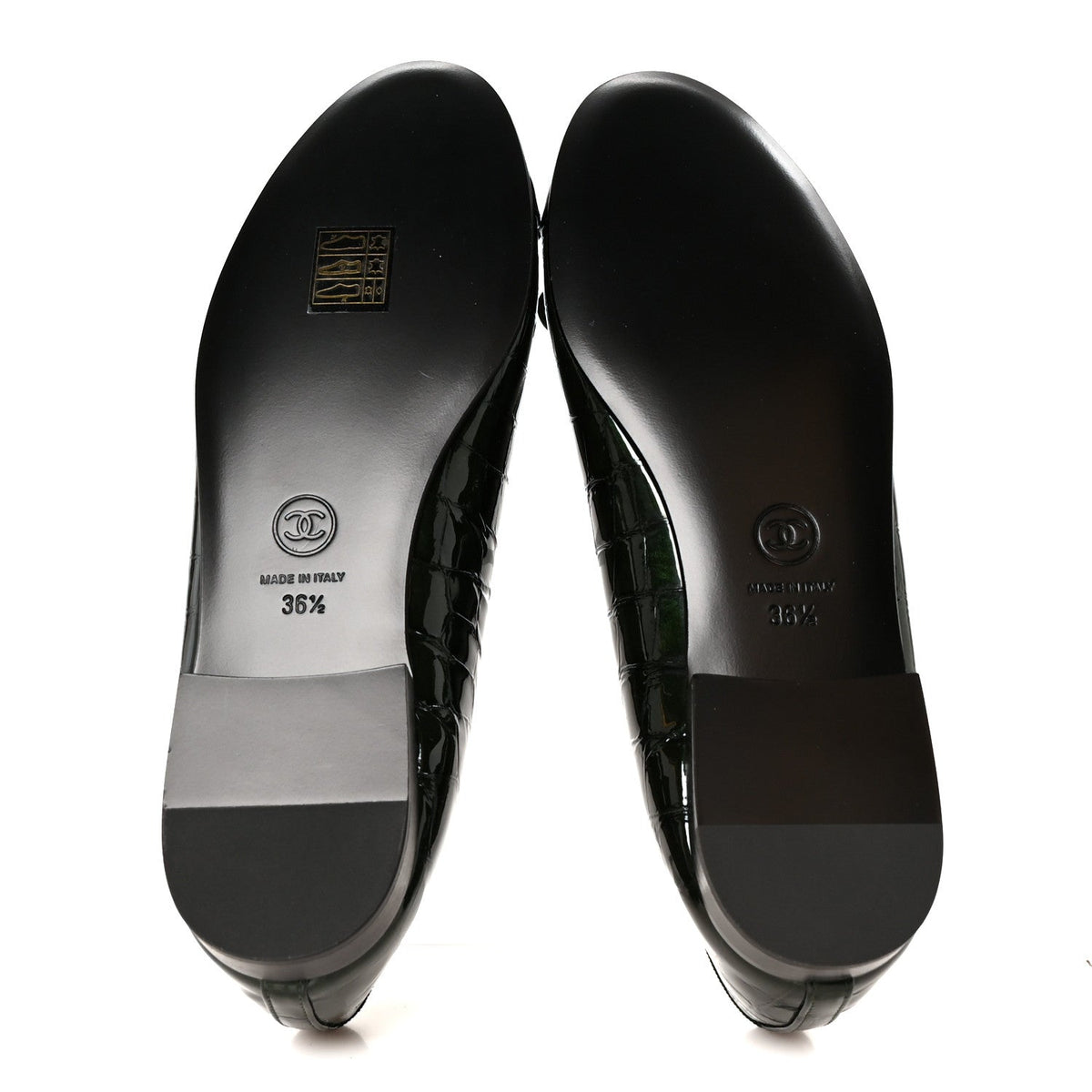 Patent Calfskin Crocodile Embossed Ballerina Flats 36.5 Dark Green Black