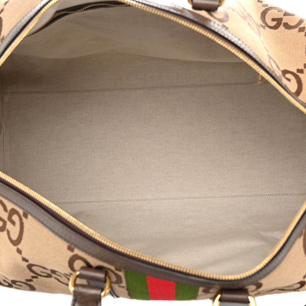 Monogram Jumbo GG Textured Dollar Calfskin Web Maxi Duffle Bag Camel Ebony