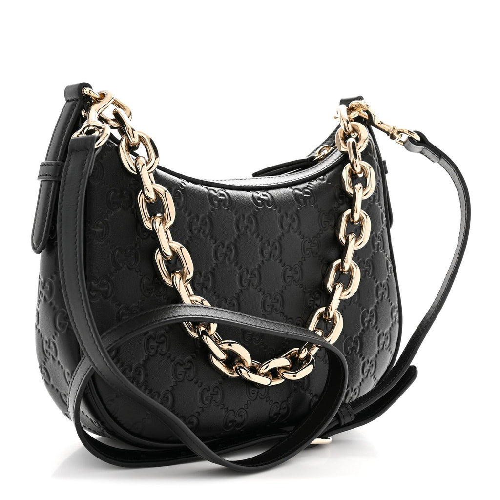 GG Grainy Calfskin Emblem Small Half Moon Shoulder Black