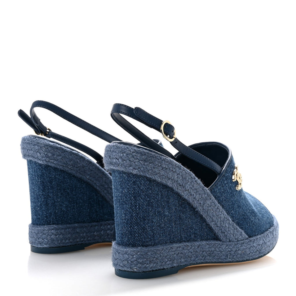 Washed Denim Braided Cord Wedge Sandals 37 Blue