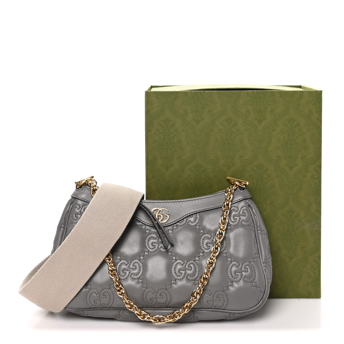 Calfskin GG Matelasse Chain Handbag Dusty Grey Natural