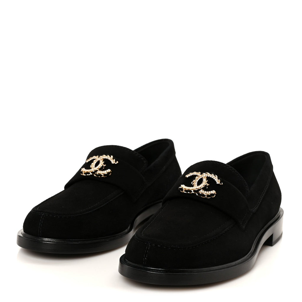Suede Kidskin Crystal CC Loafers 38 Black