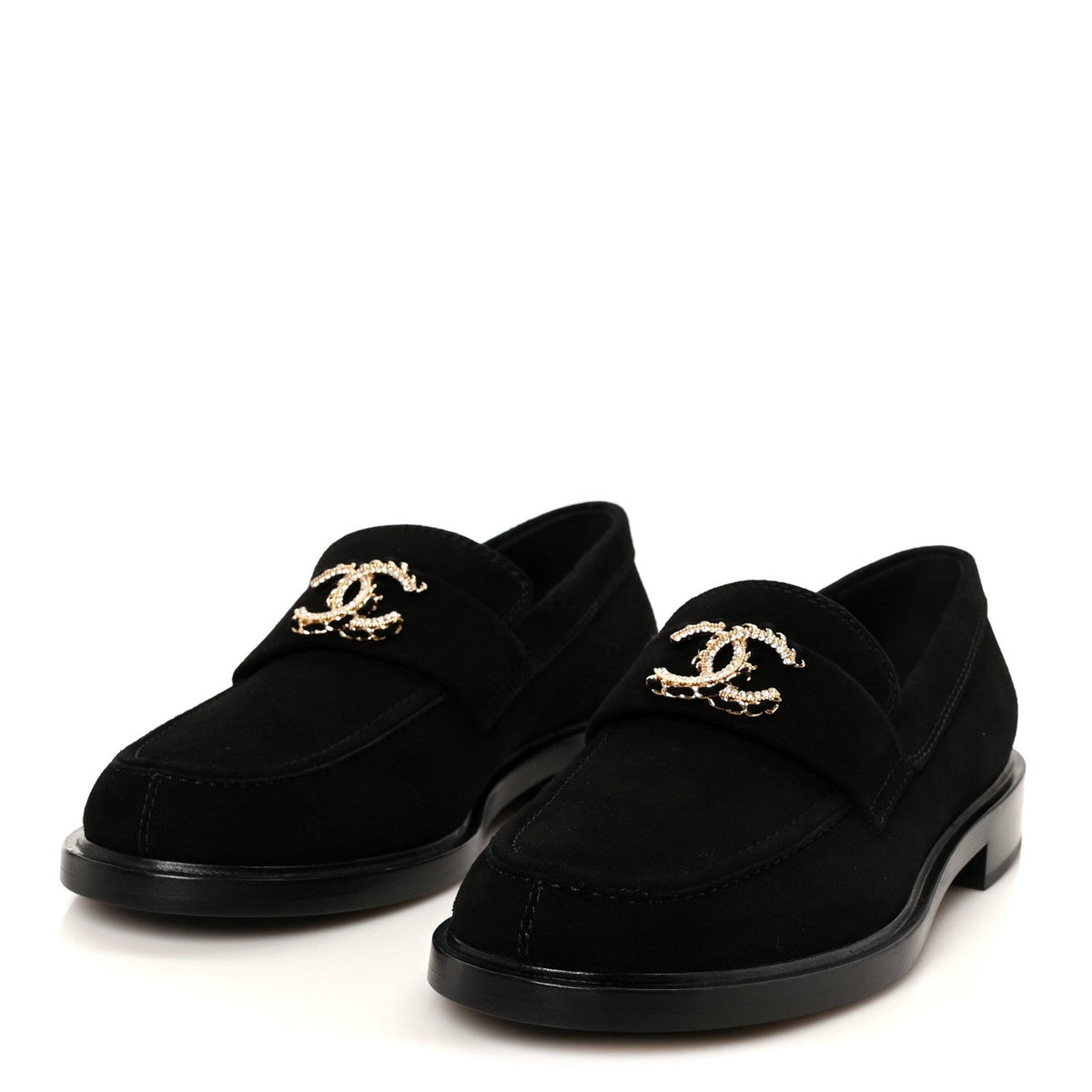 Suede Kidskin Crystal CC Loafers 38 Black