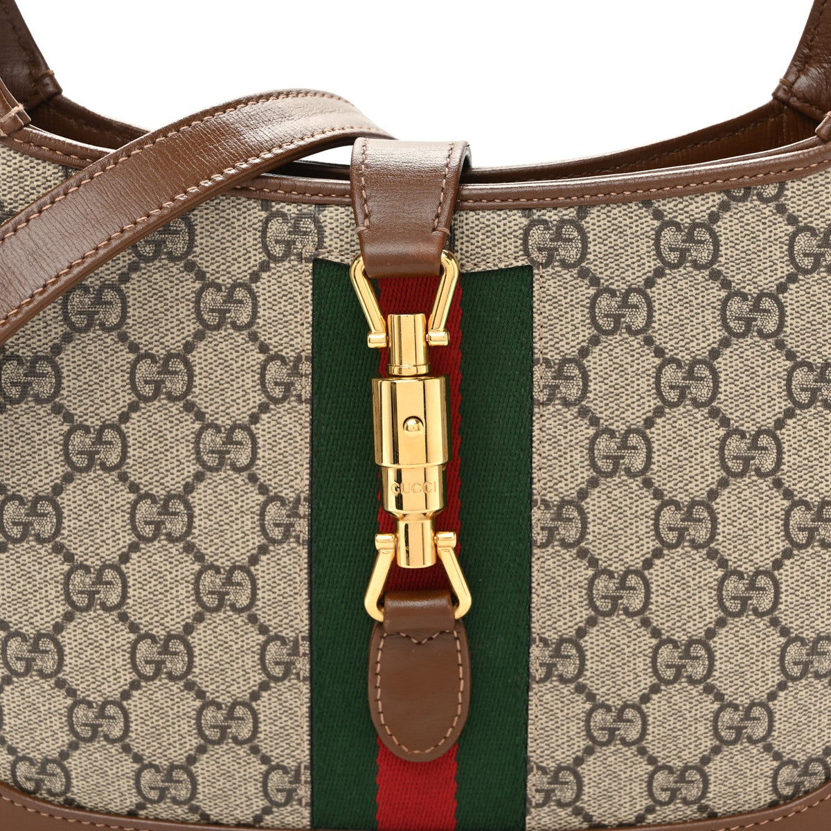 GG Supreme Monogram Azalea Calfskin Web Small Jackie 1961 Hobo Beige Ebony Brown Sugar