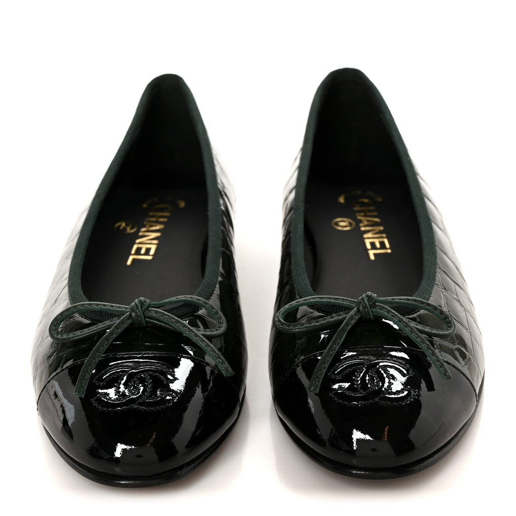 Patent Calfskin Crocodile Embossed Ballerina Flats 36.5 Dark Green Black