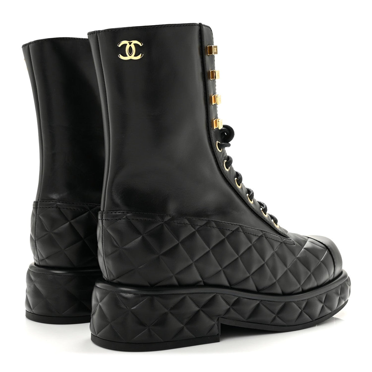 Calfskin Quilted Lace Up Combat Boots 38 Black