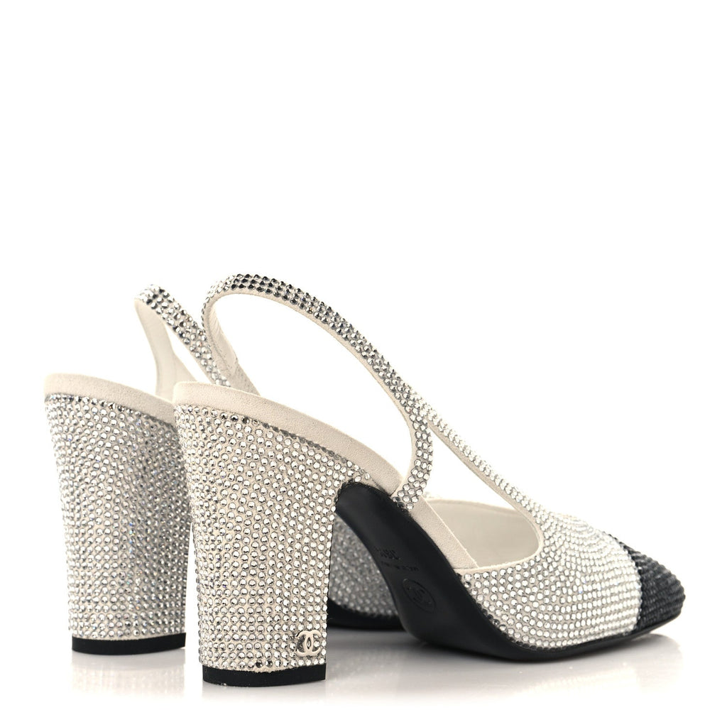 Strass Grosgrain Cap Toe CC Slingback Pumps 36.5 Silver Black