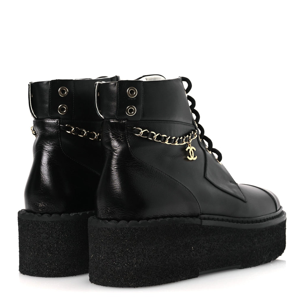Calfskin Shiny Calfskin Chain Lace Up CC Short Boots 38.5 Black