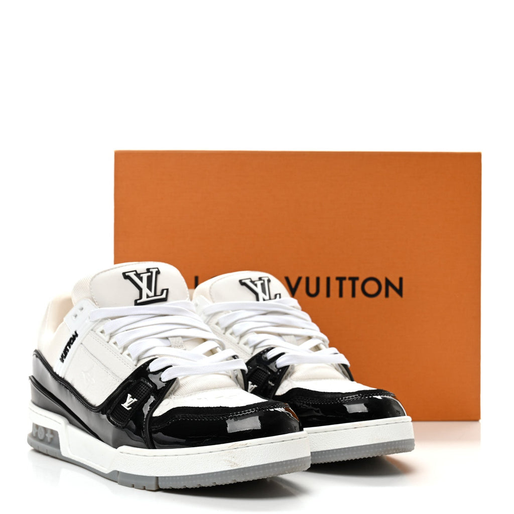 Calfskin Patent Mens LV Trainer Sneakers 9 White Black
