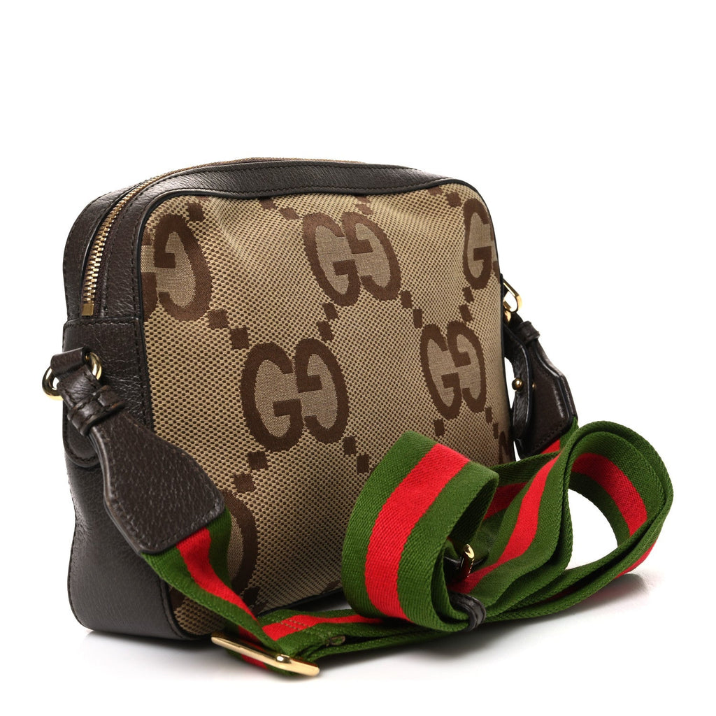 Monogram Jumbo GG Textured Dollar Calfskin Web Messenger Shoulder Bag Camel Ebony New Acero