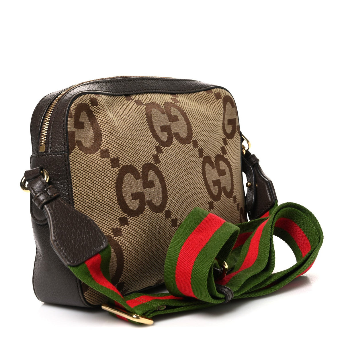 Monogram Jumbo GG Textured Dollar Calfskin Web Messenger Shoulder Bag Camel Ebony New Acero