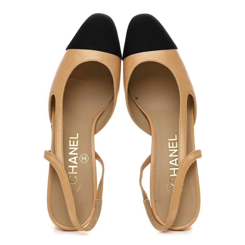 Goatskin Grosgrain Cap Toe CC Slingback Pumps 36.5 Beige Black