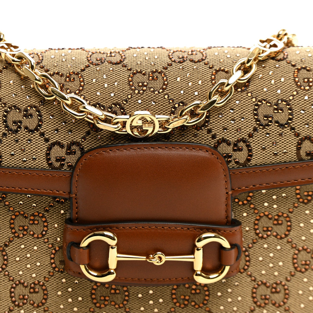 New Canvas Charisma Calfskin Crystal GG Monogram Mini Horsebit 1955 Shoulder Bag Camel Ebony