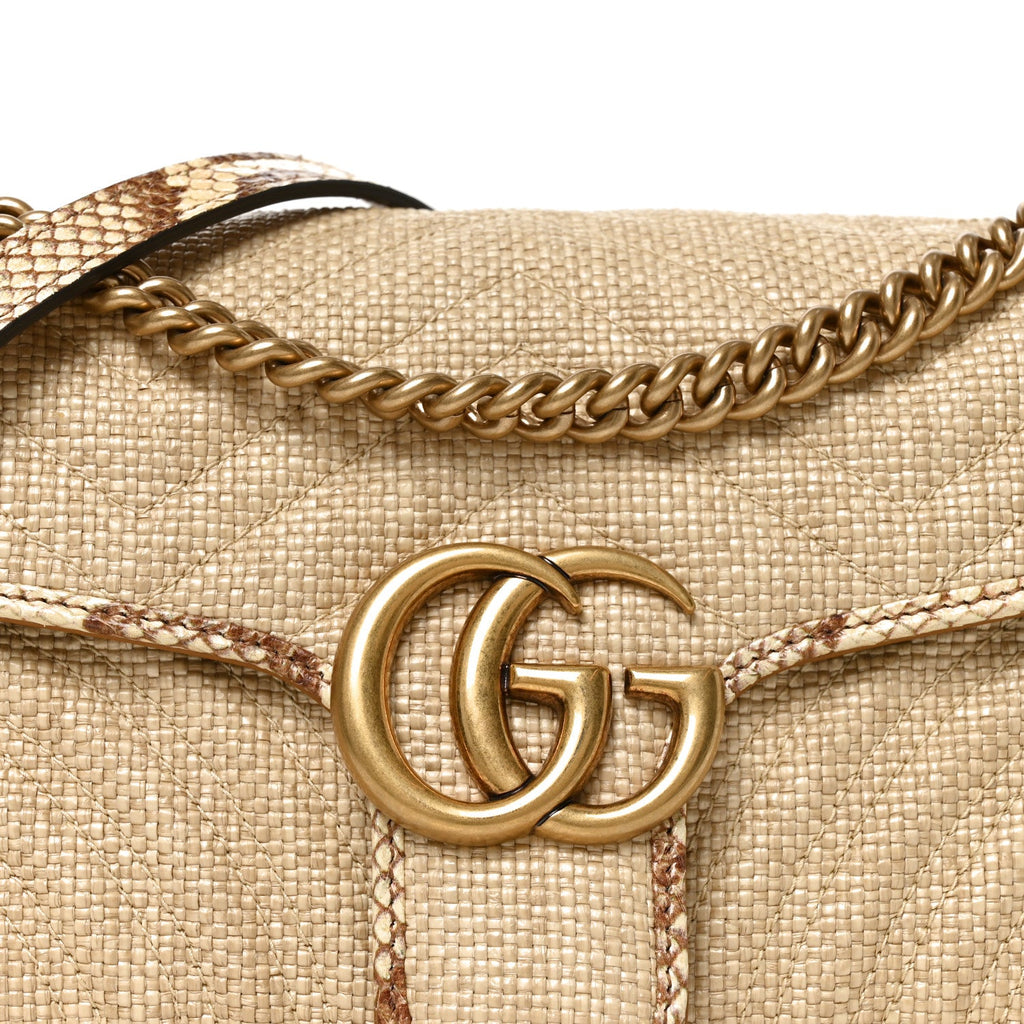 Raffia Elaphe Matelasse Small GG Marmont Shoulder Bag Natural Cream Brown