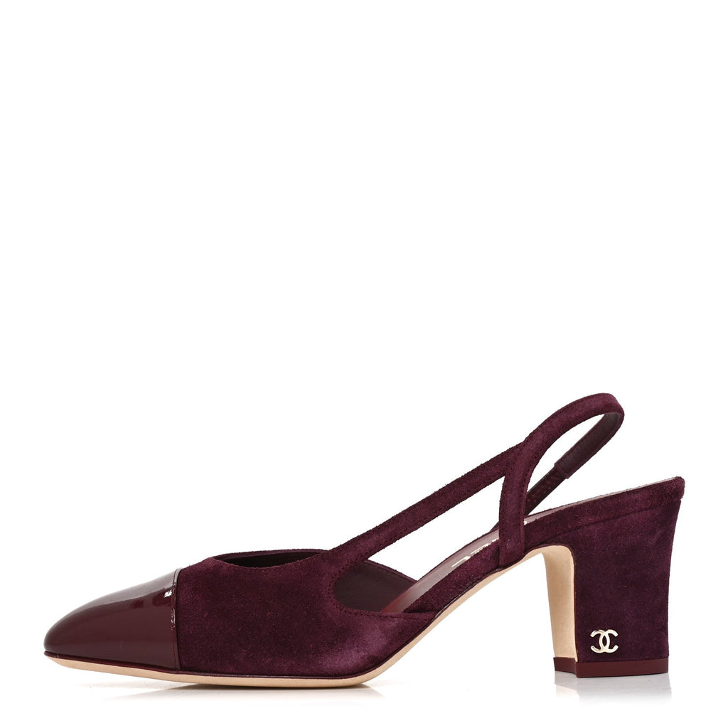 Suede Patent Cap Toe CC Slingback Pumps 37 Burgundy
