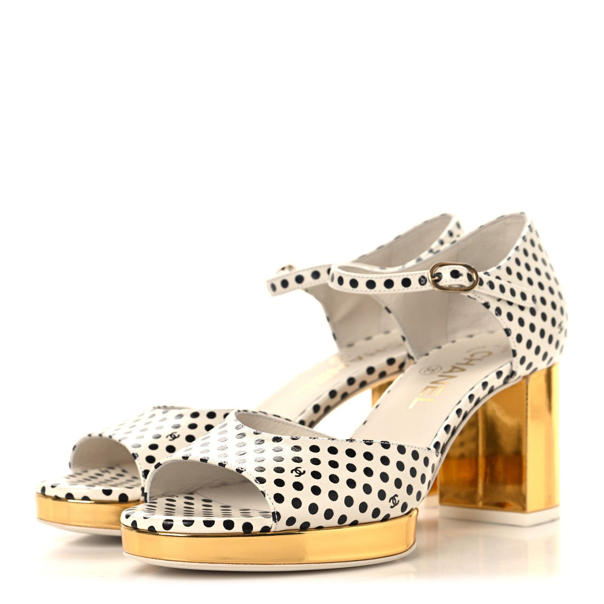 Printed Calfskin Polka Dot CC Platform Sandals 36.5 Ivory Black