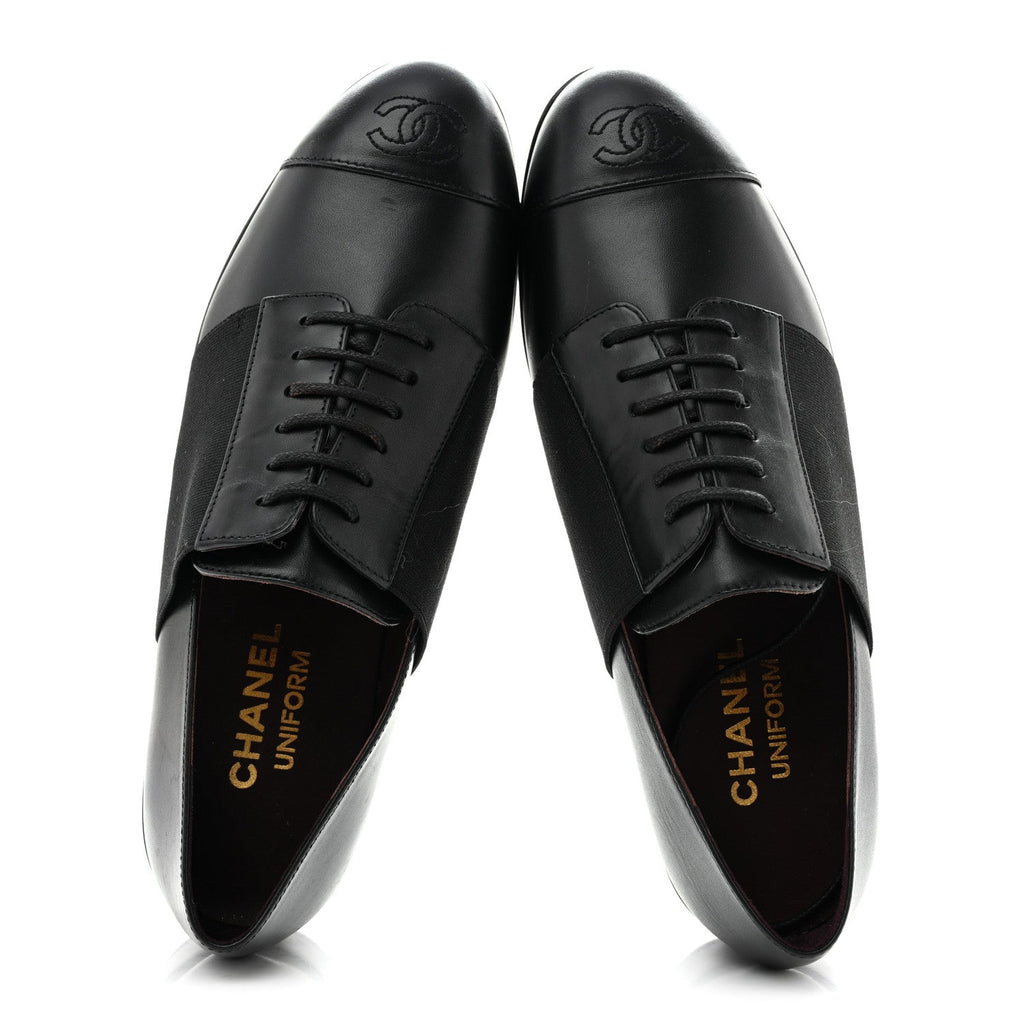 Calfskin Elastic Lace Up Cap Toe CC Loafers 38 Black