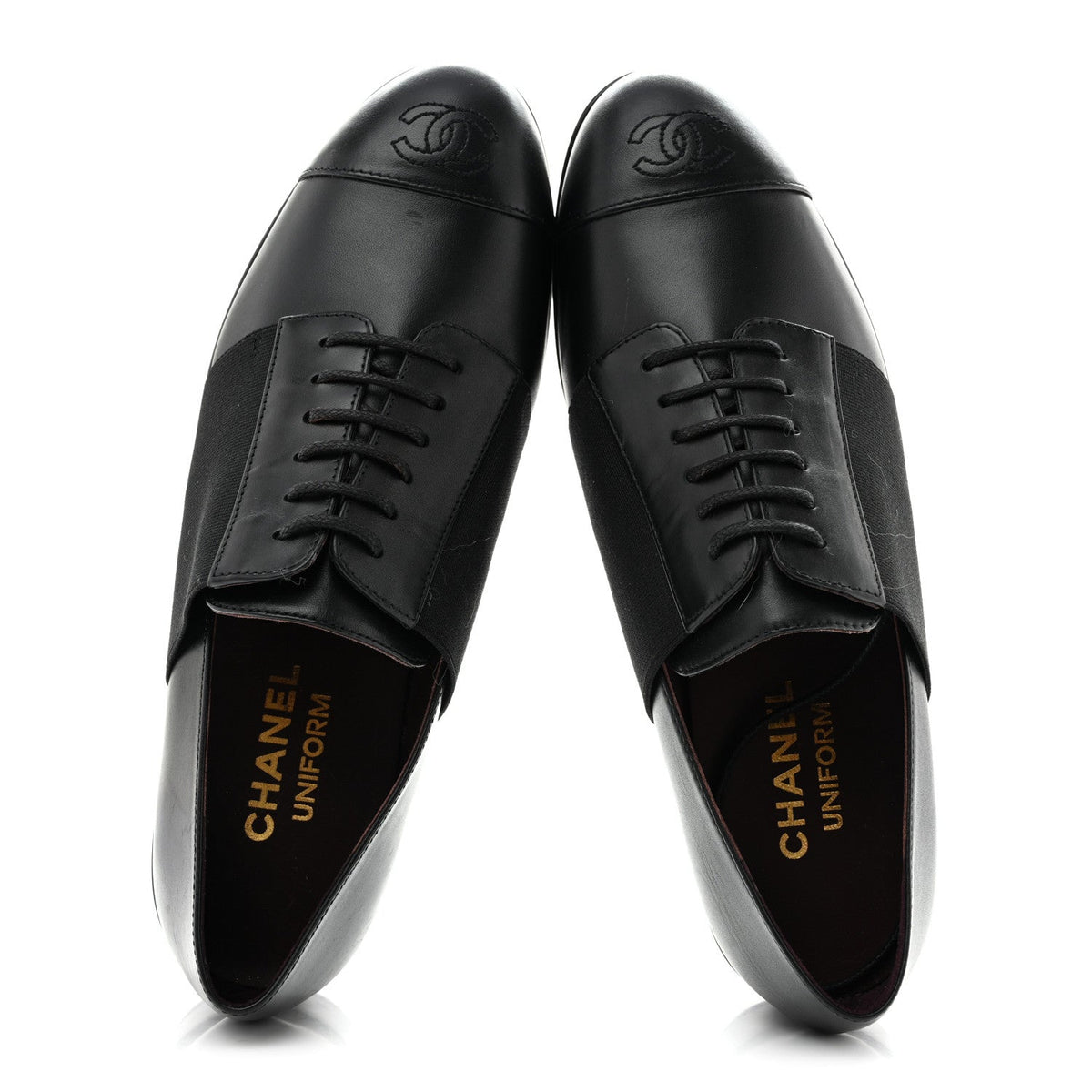 Calfskin Elastic Lace Up Cap Toe CC Loafers 38 Black