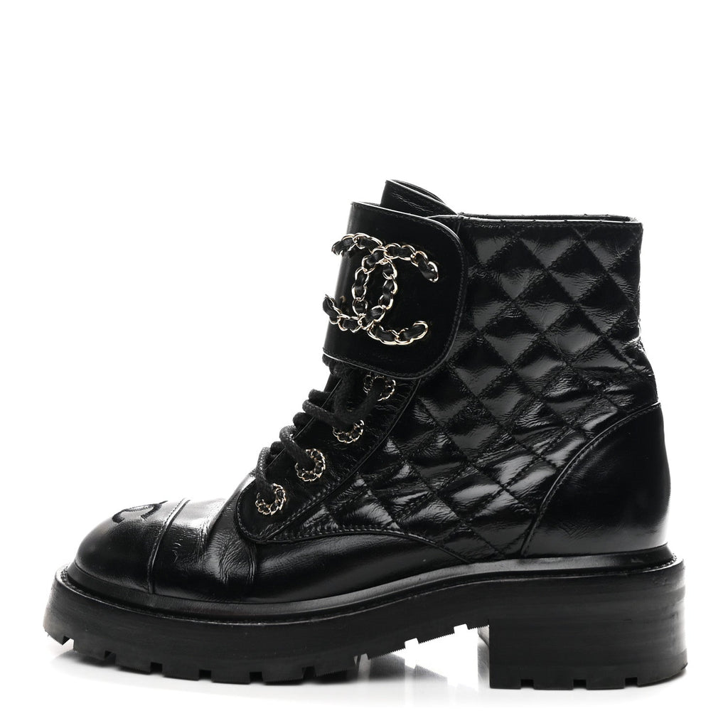 Shiny Calfskin Quilted Lace Up Combat Boots 36 Black