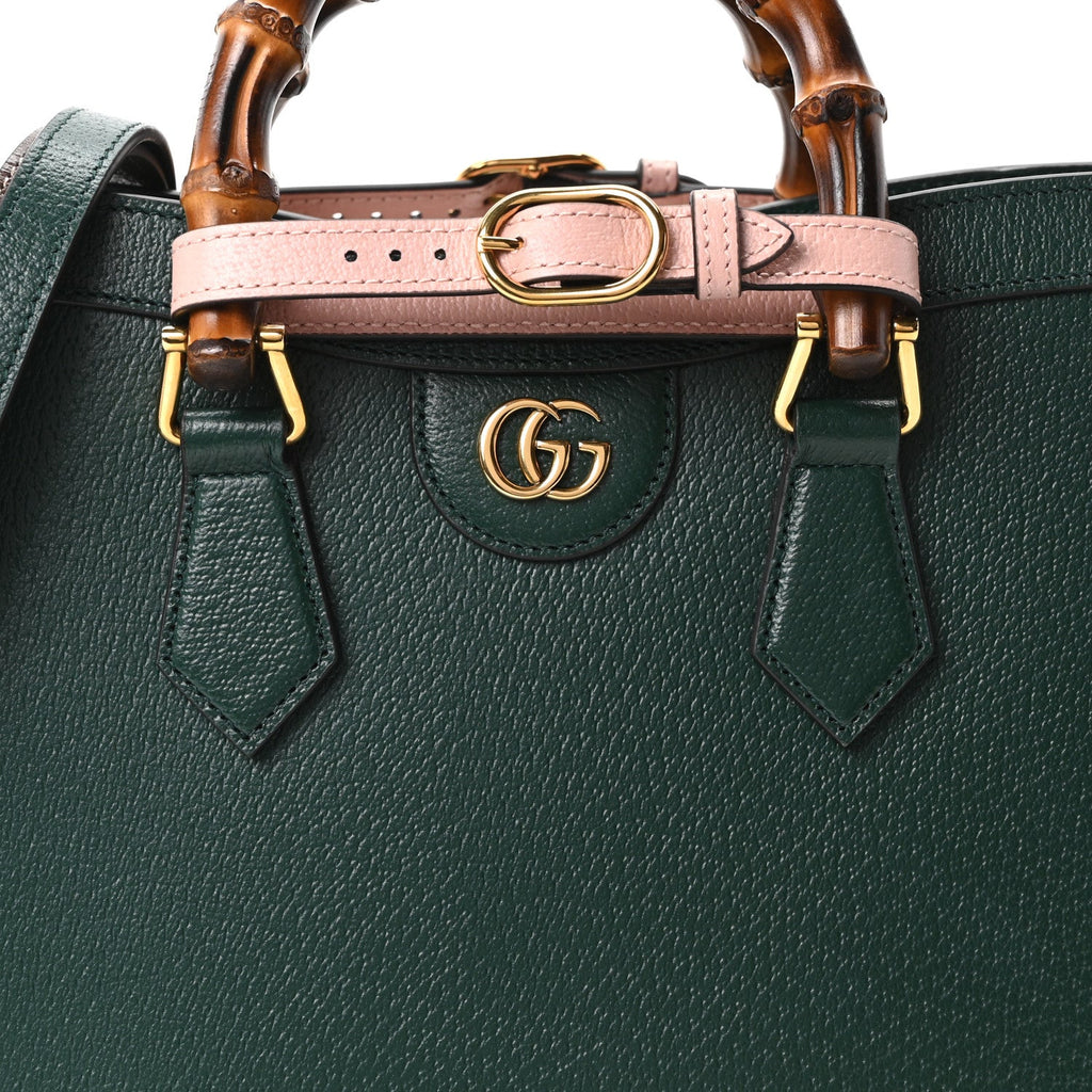 Textured Dollar Calfskin Web Small Diana Tote Bag Vintage Green Powder Pink